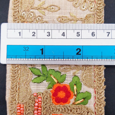 Beige Art Silk Fabric Trim With Green, Orange, Red And Gold Floral Embroidery